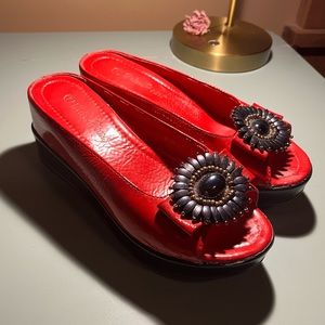 Helens Heart - Red Clogs, Black Beaded Flower Detail